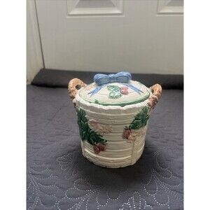 Vintage Haldon Group Ribbon & Bow Strawberry Basket Weave Majolica Canister Deco